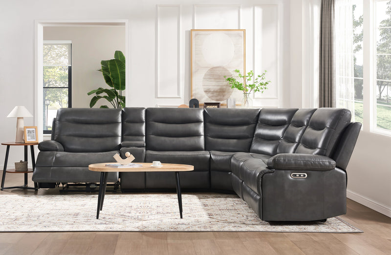 Sofa sectionnel à inclinaison électrique Zayne 6 pièces en tissu d’apparence cuir avec console et ports de recharge USB - gris