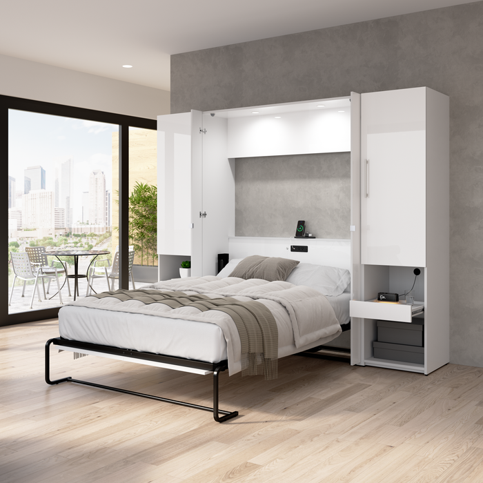 Lit double escamotable Avalon de Bestar de 101 po (L) avec armoires de rangement et tablette coulissante