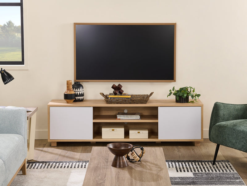 Meuble pour téléviseur Aiden de Kort & Co. de 72 po avec rangement et système de gestion des câbles pour téléviseurs jusqu’à 80 po - naturel et blanc