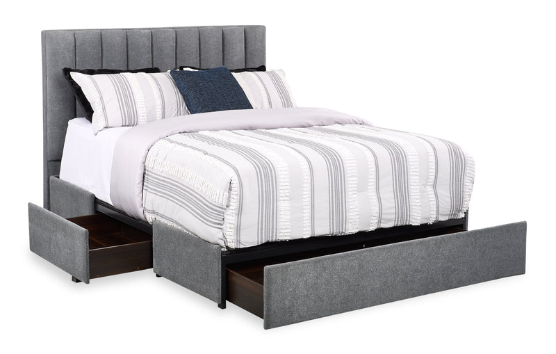 Lit de rangement Amos rembourré en tissu anthracite avec tête de lit à canaux et 3 tiroirs intégrés - format grand lit