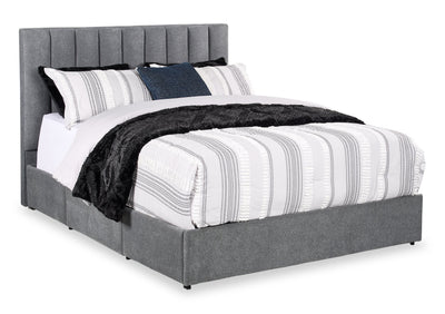 Amos Upholstered Storage Bed in Charcoal Fabric with Channelled Headboard & 3 Built-in Drawers - Queen Size | Lit de rangement Amos rembourré en tissu anthracite avec tête de lit à canaux et 3 tiroirs intégrés - format grand lit