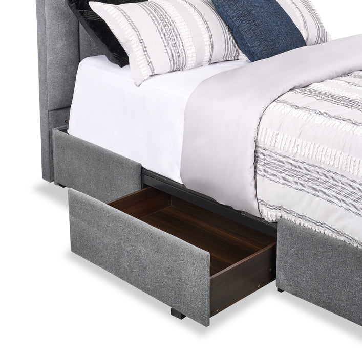Lit de rangement Amos rembourré en tissu anthracite avec tête de lit à canaux et 3 tiroirs intégrés - format grand lit