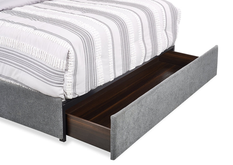 Lit de rangement Amos rembourré en tissu anthracite avec tête de lit à canaux et 3 tiroirs intégrés - format grand lit