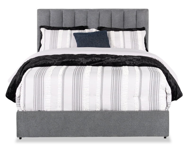 Lit de rangement Amos rembourré en tissu anthracite avec tête de lit à canaux et 3 tiroirs intégrés - format grand lit