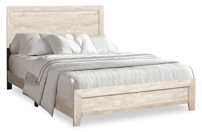 Ensemble de chambre à coucher Arbor 6 pièces bois de grève blanc avec lit à panneaux, commode, miroir et table de nuit - format lit double