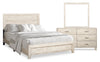 Ensemble de chambre à coucher Arbor 5 pièces bois de grève blanc avec lit à panneaux, commode et miroir - format très grand lit