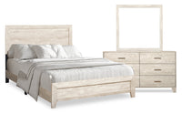  Ensemble de chambre à coucher Arbor 5 pièces bois de grève blanc avec lit à panneaux, commode et miroir - format très grand lit