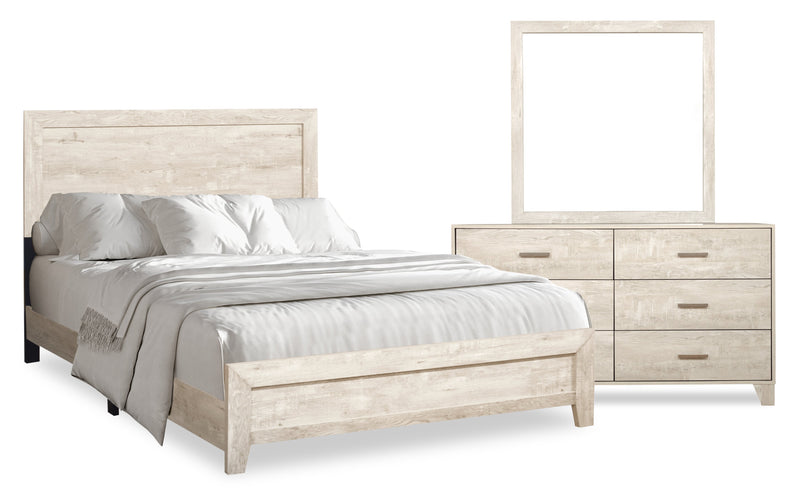 Ensemble de chambre à coucher Arbor 5 pièces bois de grève blanc avec lit à panneaux, commode et miroir - format très grand lit
