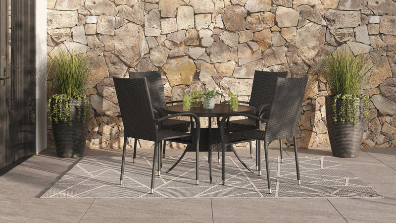 Table Arizona pour la terrasse à l’extérieur - osier en résine tressé à la main, dessus de table rond en verre trempé, résistante aux rayons UV et aux intempéries - noire