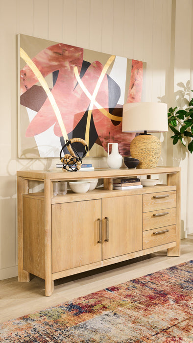 Desserte de salle à manger Aspen de 64 po (L) avec supports à vin et à verres à pied, 3 tiroirs et 2 portes - naturelle