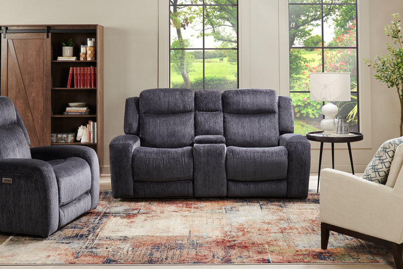 Causeuse à inclinaison électrique Atlantis de 72 po en tissu avec console de rangement, ports USB et position zéro gravité - gris foncé