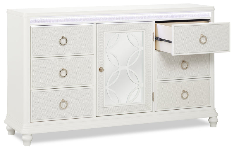 Commode somptueuse Ava de 67 po (L) x 39 po (H) à 7 tiroirs avec éclairage à DEL pour la chambre à coucher - blanche
