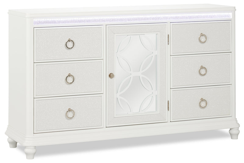 Commode somptueuse Ava de 67 po (L) x 39 po (H) à 7 tiroirs avec éclairage à DEL pour la chambre à coucher - blanche