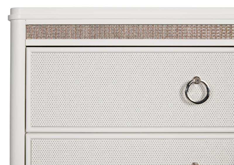 Commode somptueuse Ava de 67 po (L) x 39 po (H) à 7 tiroirs avec éclairage à DEL pour la chambre à coucher - blanche