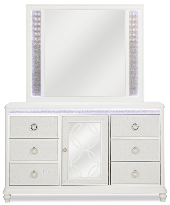 Commode somptueuse Ava de 67 po (L) x 39 po (H) à 7 tiroirs avec éclairage à DEL pour la chambre à coucher - blanche