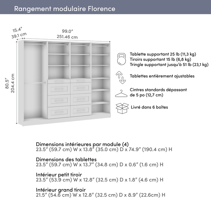 Système de garde-robe et pièce-penderie modulaire Florence de Bestar de 100 po avec tringles, tablettes et tiroirs de style Shaker - blanc
