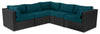 Ensemble Barbados 5 pièces pour la terrasse à l’extérieur avec 3 fauteuils en coin et 2 fauteuils sans accoudoirs - osier en résine tressé à la main, résistant aux rayons UV et aux intempéries - noir et bleu