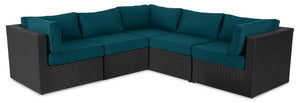 Ensemble Barbados 5 pièces pour la terrasse à l’extérieur avec 3 fauteuils en coin et 2 fauteuils sans accoudoirs - osier en résine tressé à la main, résistant aux rayons UV et aux intempéries - noir et bleu