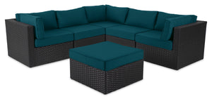 Ensemble Barbados 6 pièces pour la terrasse à l’extérieur avec 3 fauteuils en coin, 2 fauteuils sans accoudoirs et pouf - osier en résine tressé à la main, résistant aux rayons UV et aux intempéries - noir et bleu