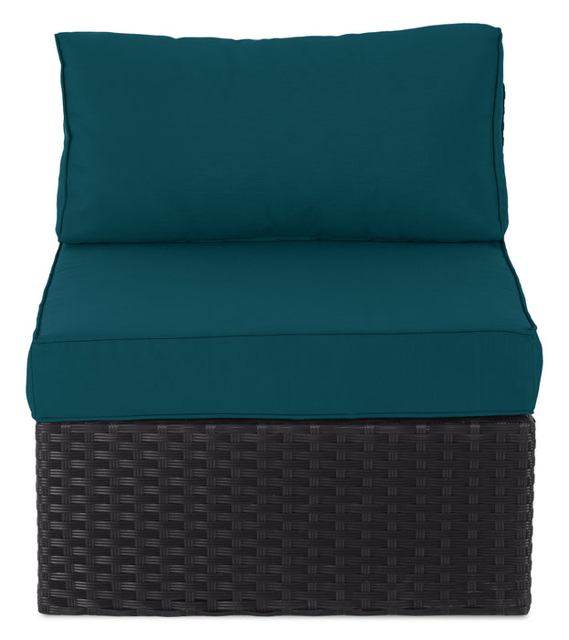 Ensemble Barbados 6 pièces pour la terrasse à l’extérieur avec 3 fauteuils en coin, 2 fauteuils sans accoudoirs et pouf - osier en résine tressé à la main, résistant aux rayons UV et aux intempéries - noir et bleu