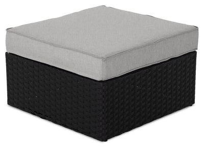 Barbados Outdoor Patio Ottoman - Hand-Woven Resin Wicker, UV & Weather Resistant - Black/Grey | Pouf Barbados pour la terrasse à l’extérieur - osier en résine tressé à la main, résistant aux rayons UV et aux intempéries - noir et gris