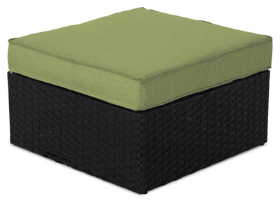 Barbados Outdoor Patio Ottoman - Hand-Woven Resin Wicker, UV & Weather Resistant - Black/Green | Pouf Barbados pour la terrasse à l’extérieur - osier en résine tressé à la main, résistant aux rayons UV et aux intempéries - noir et vert