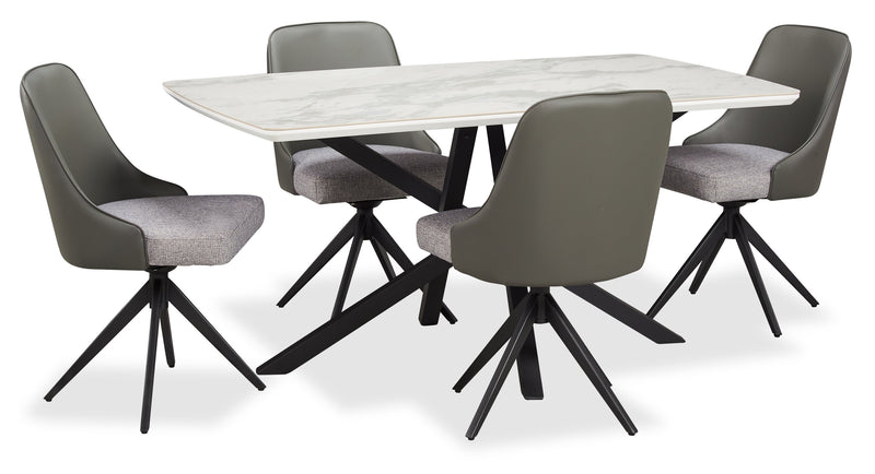 Ensemble de salle à manger Bari 5 pièces en métal avec table de 63 po (L) avec dessus en céramique d’apparence marbre et 4 chaises pivotantes grises