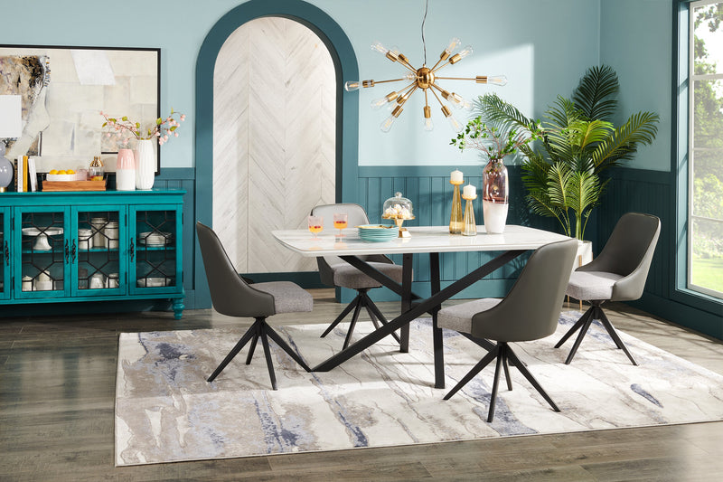 Ensemble de salle à manger Bari 5 pièces en métal avec table de 63 po (L) avec dessus en céramique d’apparence marbre et 4 chaises pivotantes grises