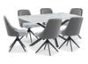 ["Ensemble de salle à manger Bari 7 pièces en métal avec table de 63 po (L) avec dessus en céramique d’apparence marbre et 6 chaises pivotantes grises"]