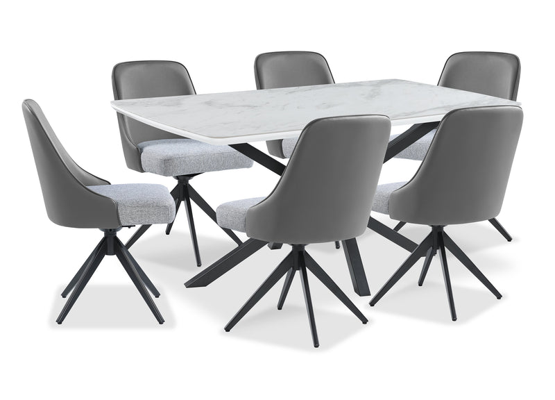 Ensemble de salle à manger Bari 7 pièces en métal avec table de 63 po (L) avec dessus en céramique d’apparence marbre et 6 chaises pivotantes grises