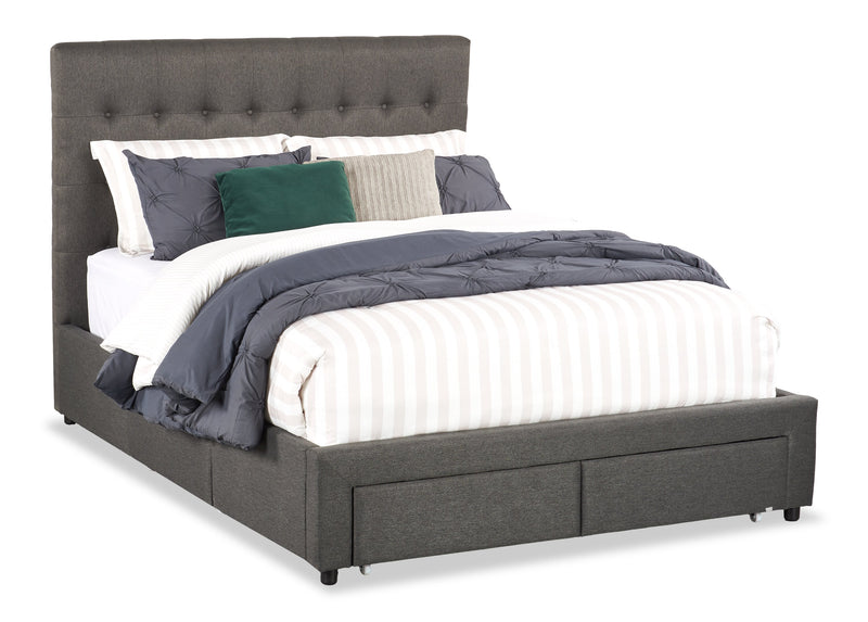 Lit rembourré Beck en tissu gris foncé avec rangement et capitonnage à boutons - format grand lit