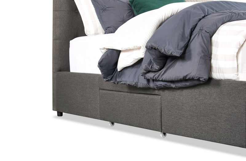 Lit rembourré Beck en tissu gris foncé avec rangement et capitonnage à boutons - format grand lit