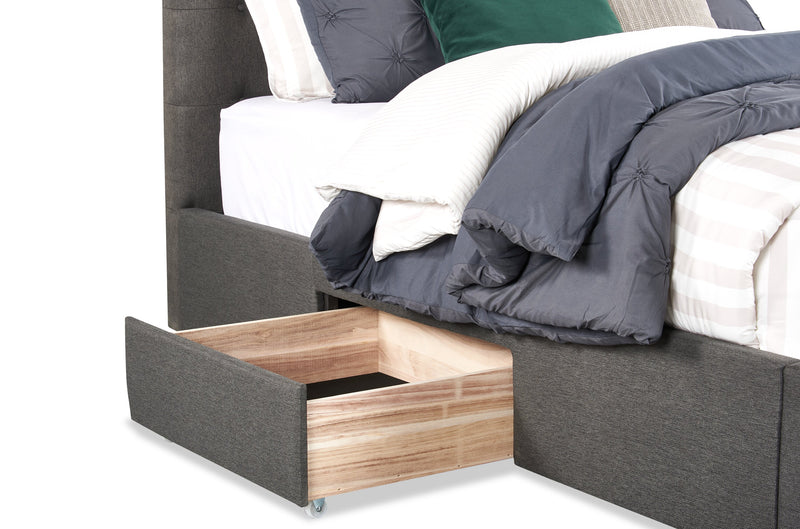 Lit rembourré Beck en tissu gris foncé avec rangement et capitonnage à boutons - format grand lit