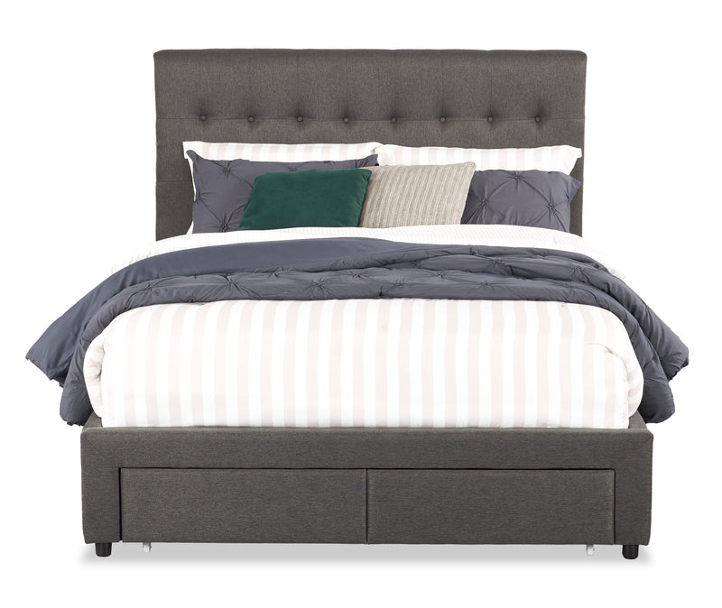 Lit rembourré Beck en tissu gris foncé avec rangement et capitonnage à boutons - format grand lit