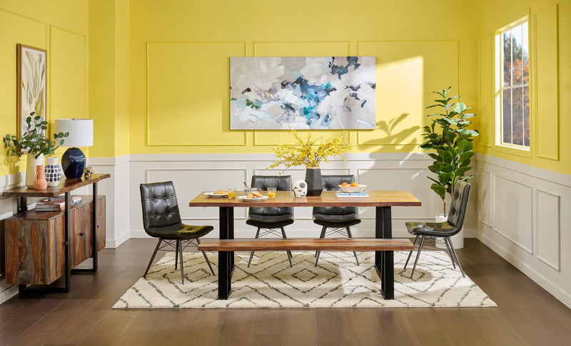 Table de salle à manger Bowery de 80 po (L) en sheesham et métal avec base trapézoïde - brune