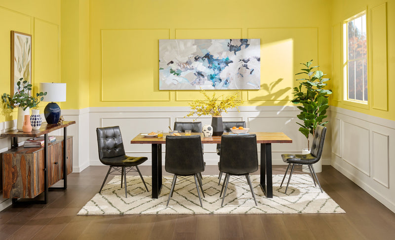 Table de salle à manger Bowery de 80 po (L) en sheesham et métal avec base trapézoïde - brune