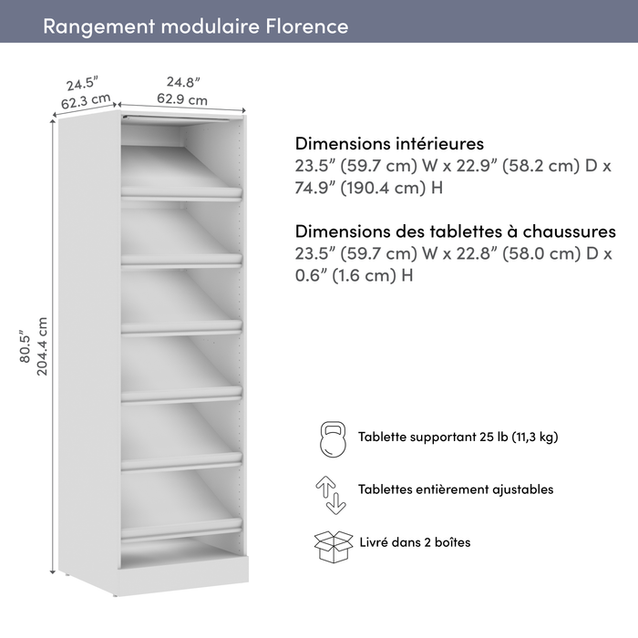 Système de garde-robe modulaire Florence de Bestar de 25 po avec tablette pour chaussures et éclairage à DEL - blanc