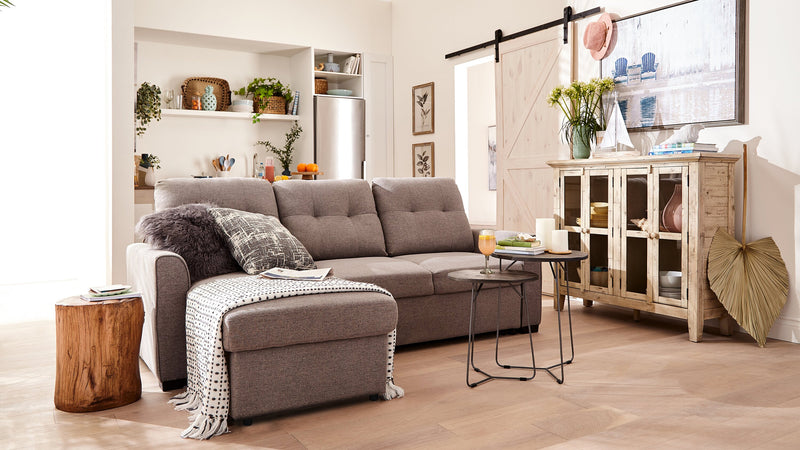 Sofa-lit sectionnel de gauche Carter 2 pièces en tissu d’apparence lin avec fauteuil long de rangement - gris Solis