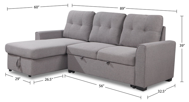 Sofa-lit sectionnel de gauche Carter 2 pièces en tissu d’apparence lin avec fauteuil long de rangement - gris Solis