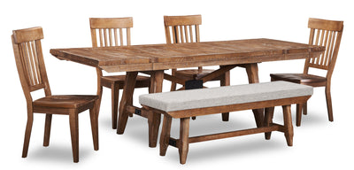 Cedar 6pc Dining Set with Table, Bench & 4 Chairs, Pine Wood, Trestle-Base, 72.07"W - Brown | Ensemble de salle à manger Cedar 6 pièces en pin avec table de 72,07 po (L), base à tréteaux, banc et 4 chaises - brun