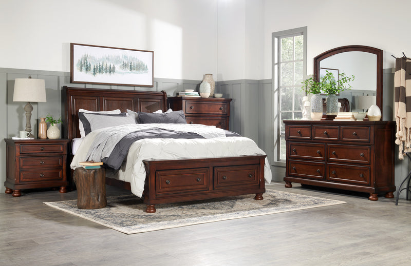 Ensemble de chambre à coucher Chelsea 5 pièces avec lit de rangement, commode et miroir, brun cerisier - format grand lit