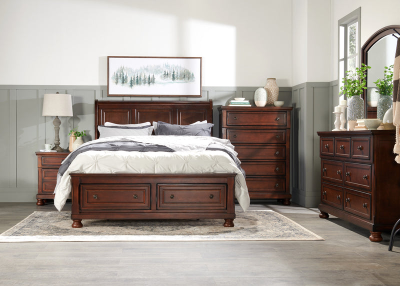 Ensemble de chambre à coucher Chelsea 5 pièces avec lit de rangement, commode et miroir, brun cerisier - format grand lit