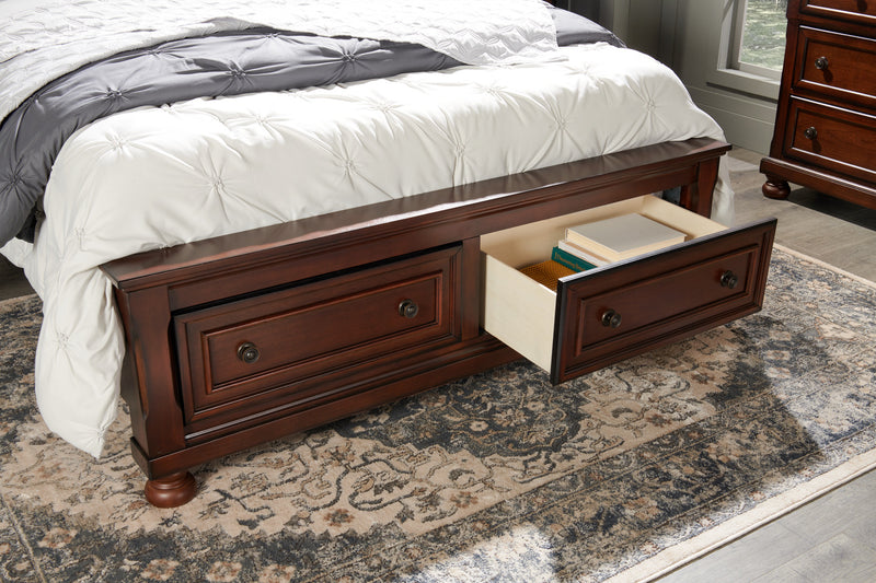 Ensemble de chambre à coucher Chelsea 5 pièces avec lit de rangement, commode et miroir, brun cerisier - format grand lit