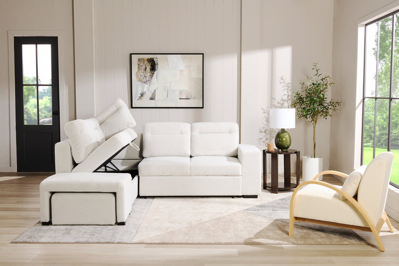 Sofa-lit sectionnel de gauche Coast 3 pièces en tissu avec rangement et pouf - blanc ivoire