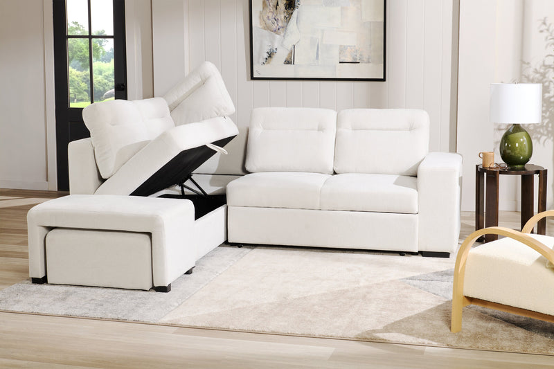Sofa-lit sectionnel de gauche Coast 3 pièces en tissu avec rangement et pouf - blanc ivoire