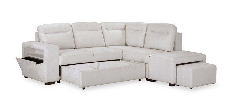 Sofa-lit sectionnel de droite Coast 3 pièces en tissu avec rangement et pouf - blanc ivoire