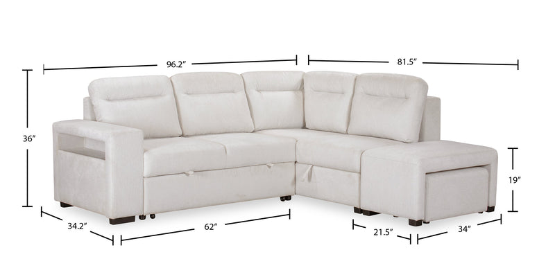 Sofa-lit sectionnel de droite Coast 3 pièces en tissu avec rangement et pouf - blanc ivoire