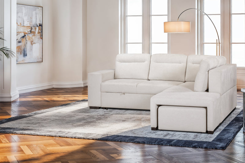 Sofa-lit sectionnel de droite Coast 3 pièces en tissu avec rangement et pouf - blanc ivoire