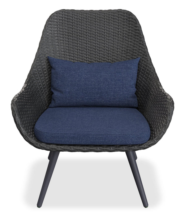 Ensemble de conversation Costa 3 pièces pour la terrasse à l’extérieur avec 2 fauteuils et table à café - osier en résine et métal, résistant aux rayons UV et aux intempéries - gris foncé et bleu