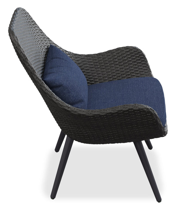 Ensemble de conversation Costa 3 pièces pour la terrasse à l’extérieur avec 2 fauteuils et table à café - osier en résine et métal, résistant aux rayons UV et aux intempéries - gris foncé et bleu